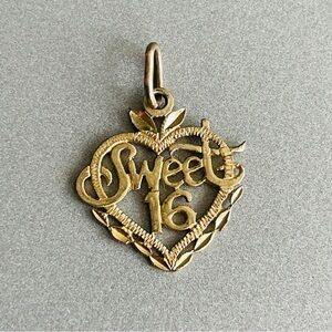 14k Yellow Gold SWEET 16 SIXTEEN Diamond Cut Etched Heart Charm Pendant …